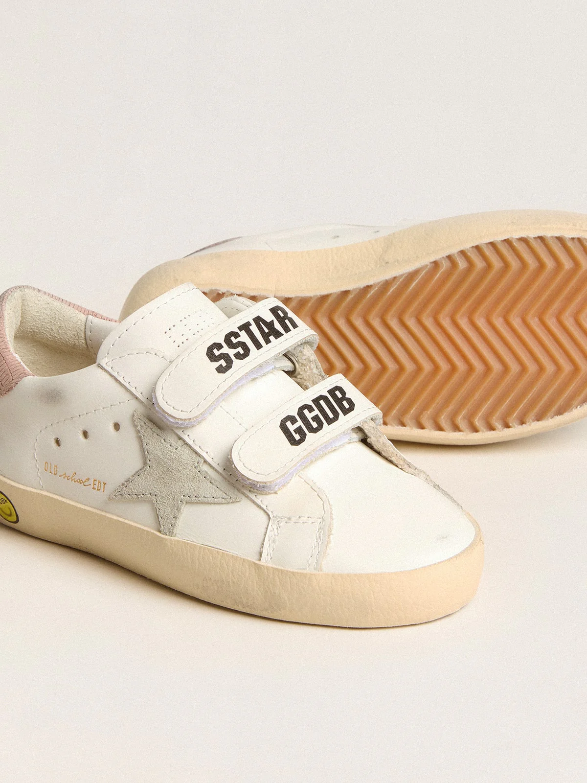 Kids | Young Old School Leather with Gray Suede Star & Old Rose Heel Tab | White x Ice x Antique Pink - Image 6
