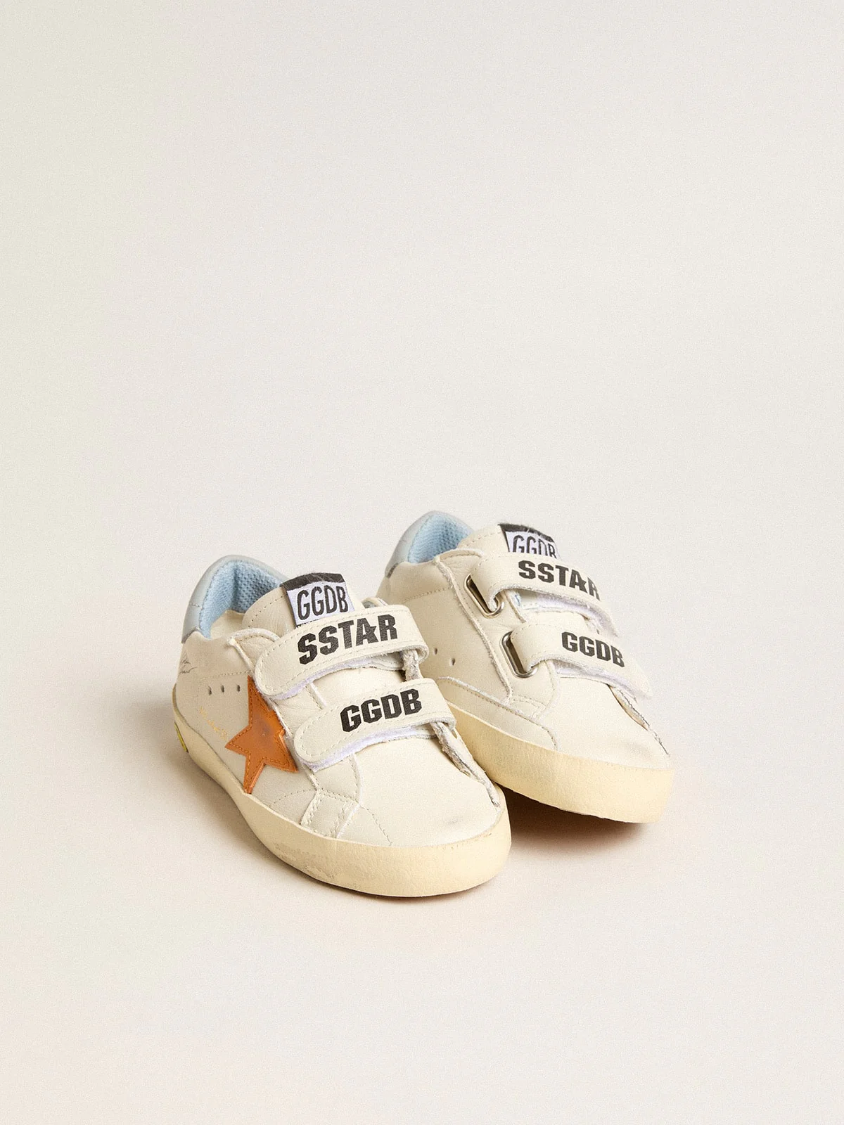 Kids | Young Old School Leather with Orange Star & Baby Blue Heel Tab | White x Orange x Silver Blue - Image 4