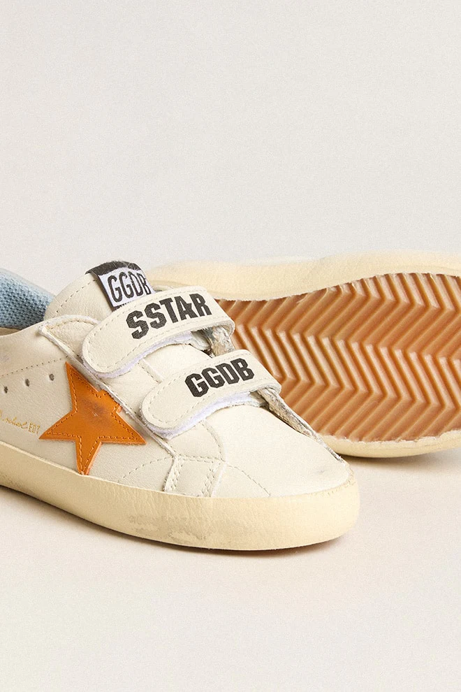 Kids | Young Old School Leather with Orange Star & Baby Blue Heel Tab | White x Orange x Silver Blue - Image 7