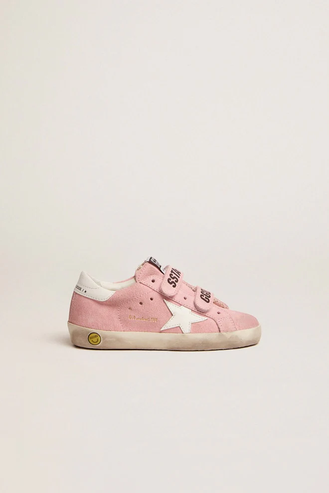 Kids | Young Old School Pink Suede with Leather Star & Heel Tab | Baby Pink x White - Image 3