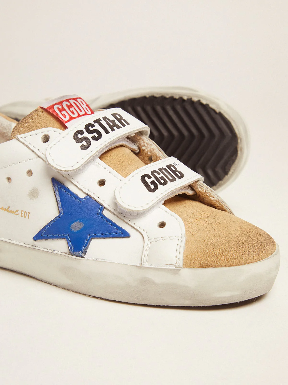Kids | Young Old School Sneakers with Velcro Fastening & Blue Star | White x Cappuccino x Royal Blue x Ice - Image 5