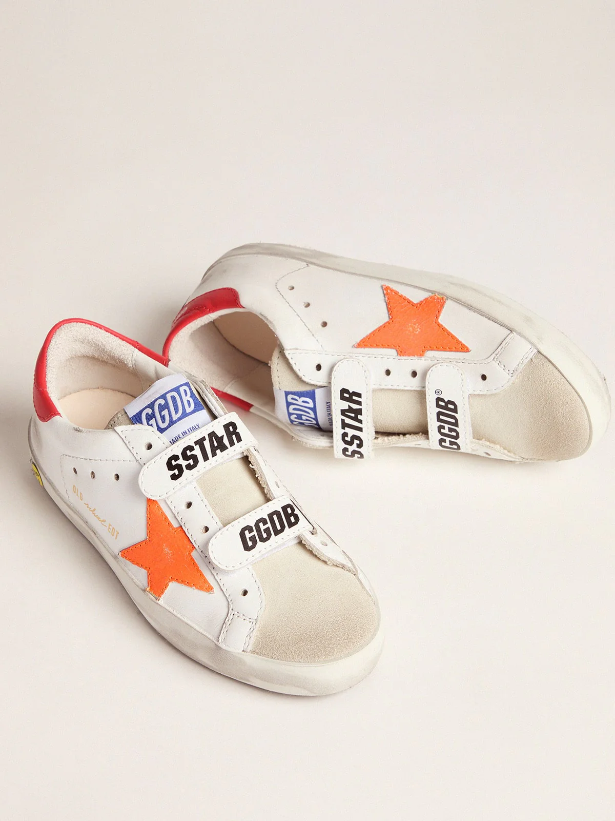 Kids | Young Old School Sneakers with Velcro Fastening & Fluorescent Orange Star | White x Ice x Orange Fluo x Cherry Red - Image 7