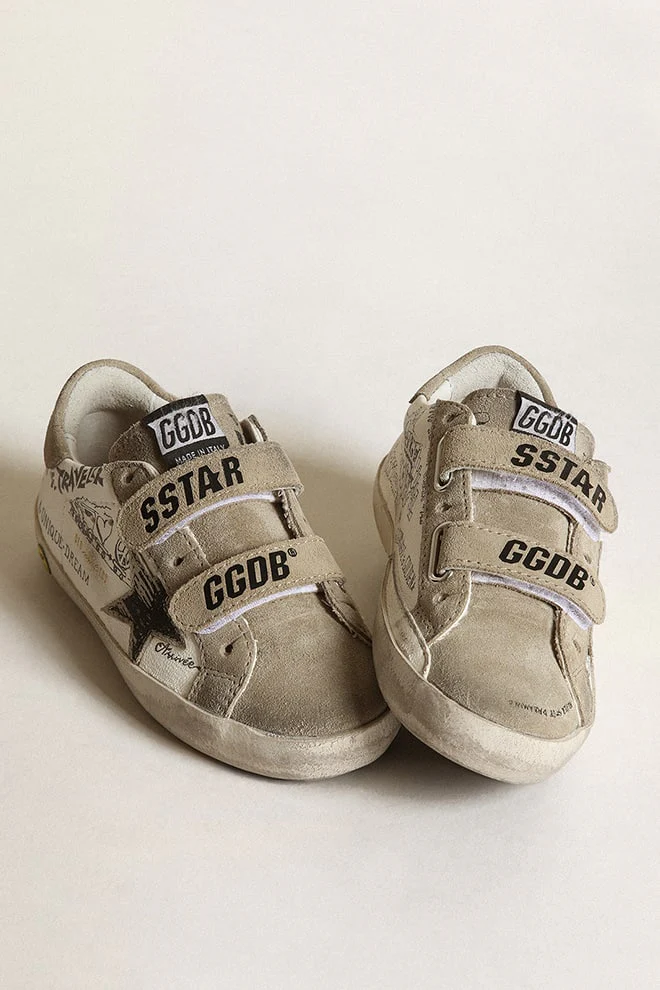 Kids | Young Old School White Nappa with Dove Gray Inserts | White x Black x Taupe - Image 2