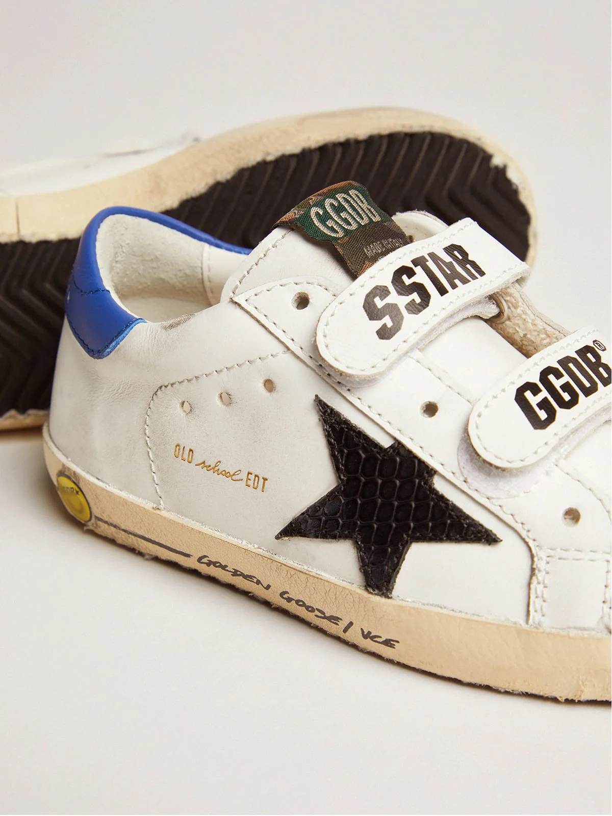 Kids | Young Old School with Black Snake Print Leather Star & Blue Heel | White x Black x Blue - Image 7