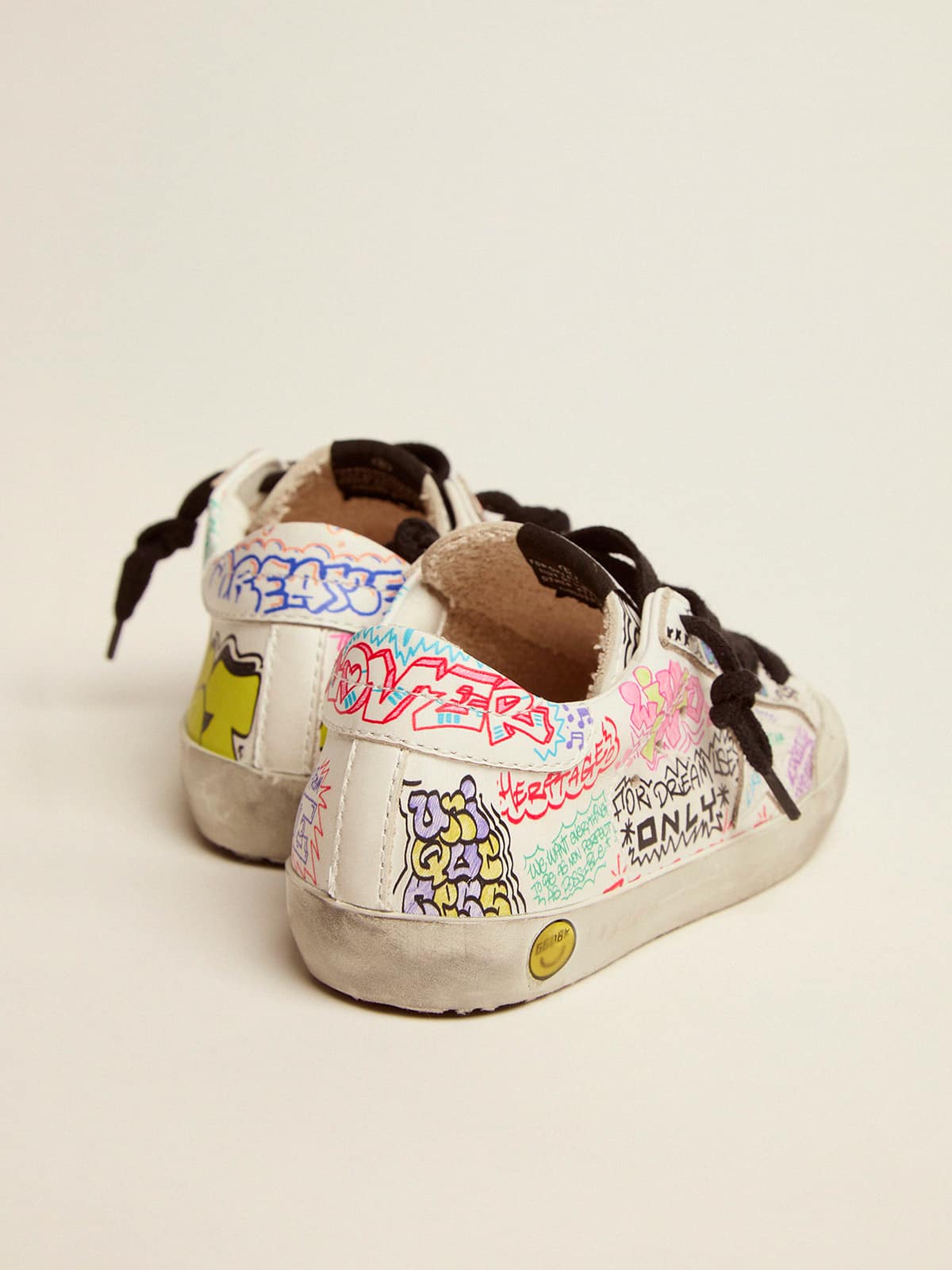 Kids | Young Super-Star Sneakers White Leather with Multicolored Graffiti Print | White x Multicolor - Image 6
