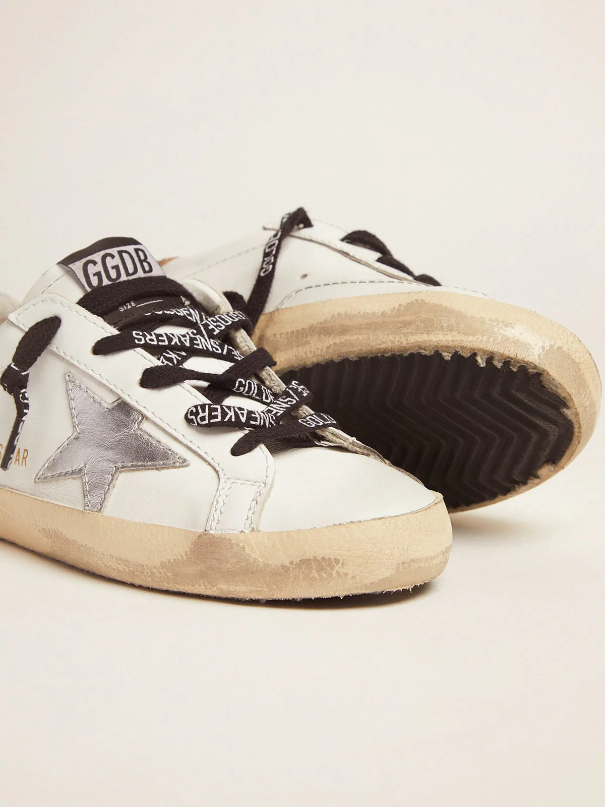 Kids | Young White Leather Super-Star Sneakers with Glittery Heel Tab | White x Silver x Light Gold x Ice - Image 2