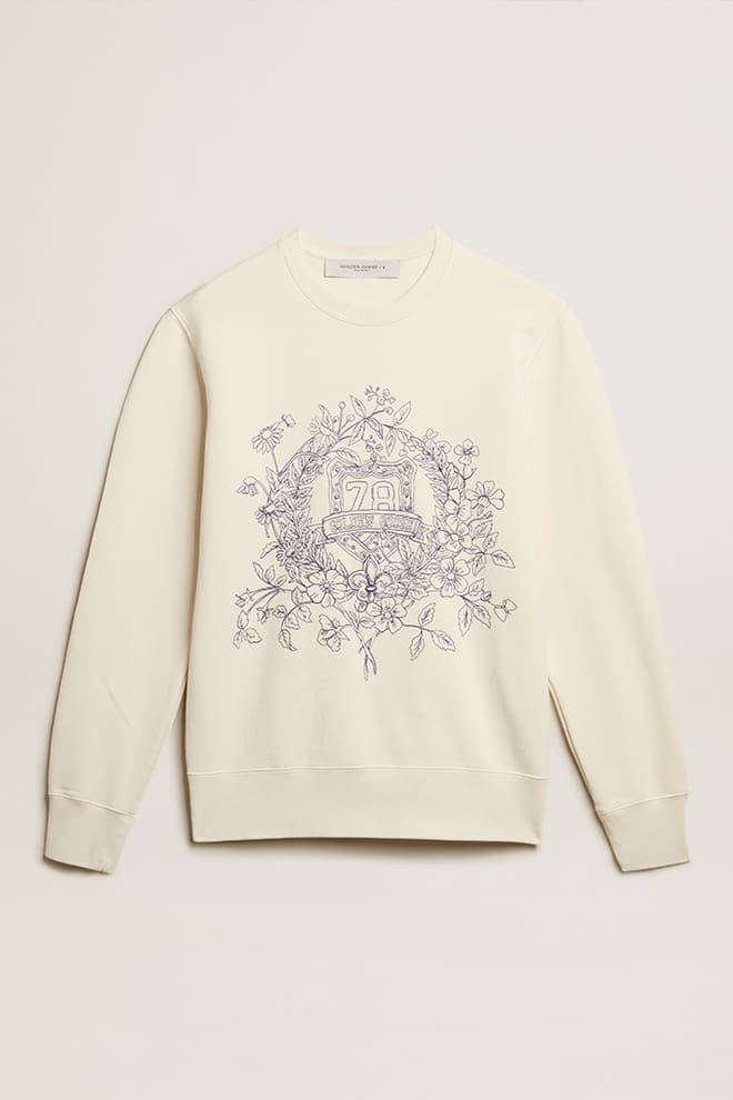 Men | Aged White Cotton Sweatshirt with Embroidery On The Front | Heritage White x Eclipse - Image 6