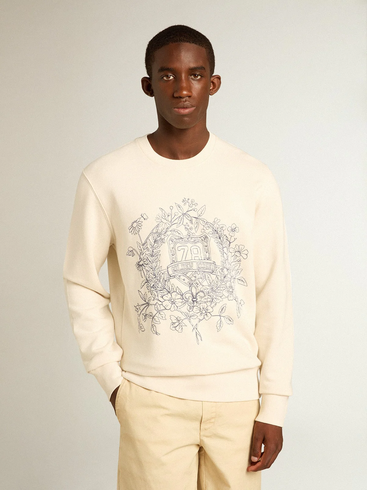 Men | Aged White Cotton Sweatshirt with Embroidery On The Front | Heritage White x Eclipse - Image 8