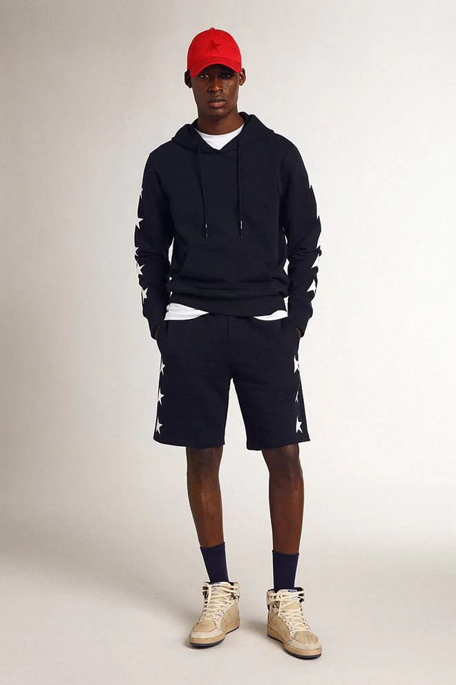 Men | Alighiero Star Collection Hoodie Navy Blue with Contrasting White Stars | Dark Blue x White - Image 5