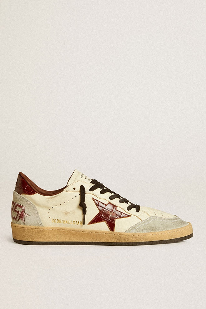Men | Ball Star Beige Leather with Burgundy Crocodile Leather Star & Heel Tab | Beige x Ice x Cherry Mahogany - Image 2