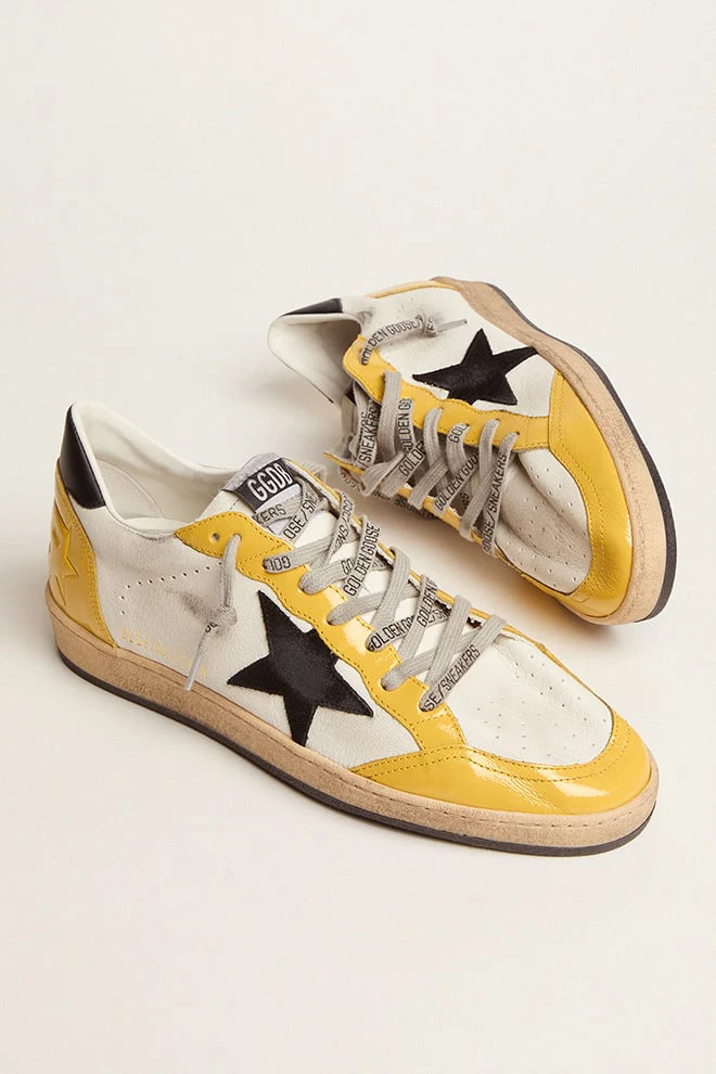 Men | Ball Star Sneakers White Nappa Leather with Black Suede Star & Yellow Naplak Inserts | White x Ocra x Black - Image 5