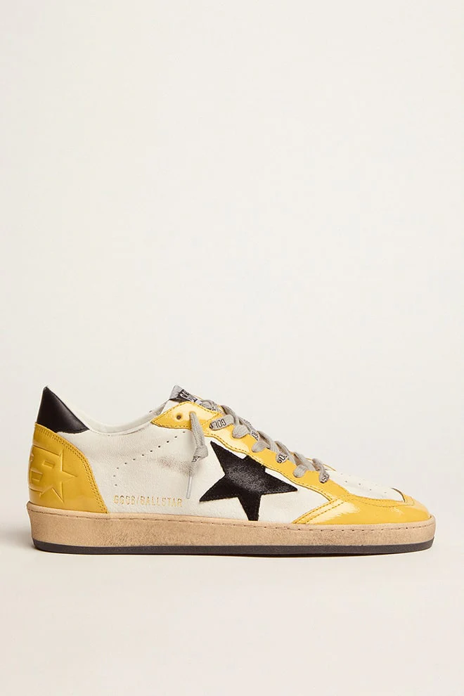 Men | Ball Star Sneakers White Nappa Leather with Black Suede Star & Yellow Naplak Inserts | White x Ocra x Black - Image 6