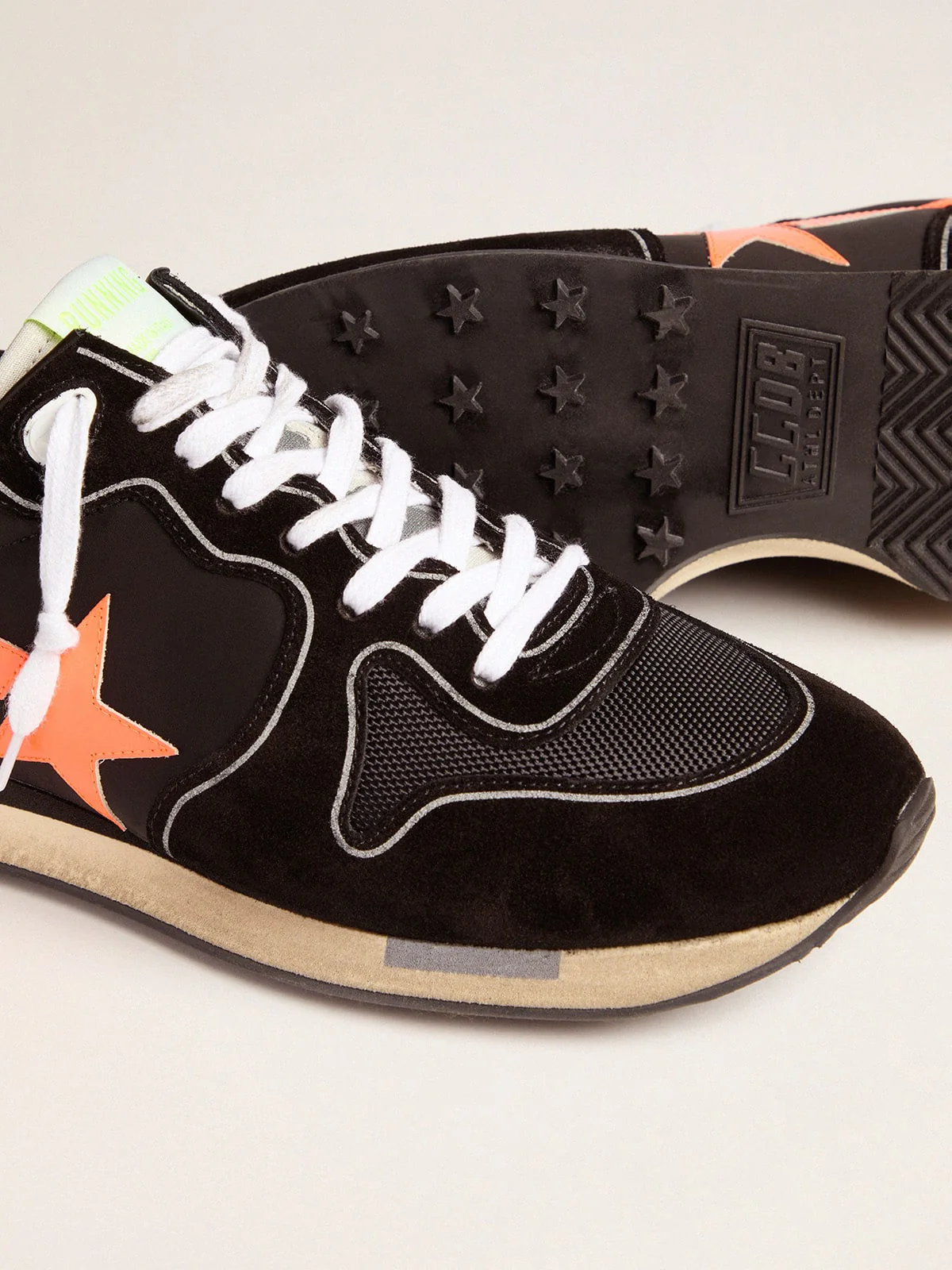 Men | Black Running Sneakers with Fluorescent Orange Star | Black x Orange Fluo x Blue - Image 2