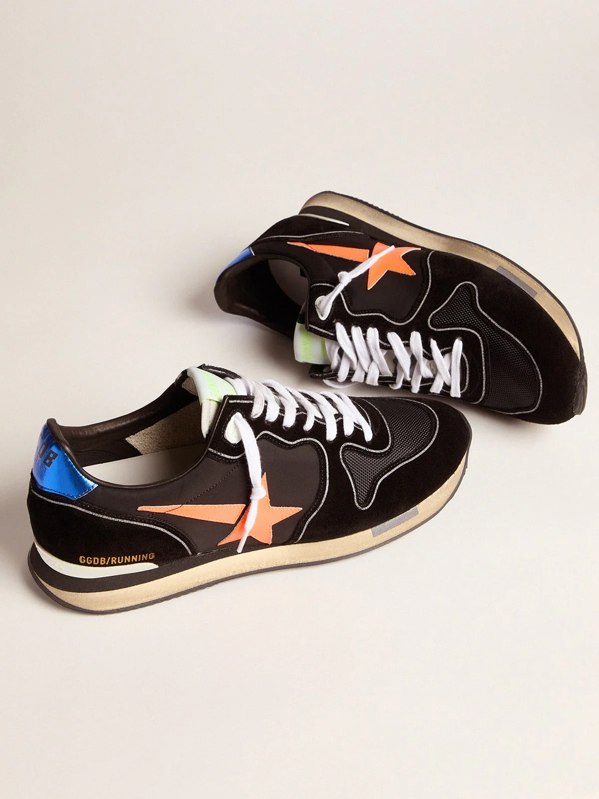 Men | Black Running Sneakers with Fluorescent Orange Star | Black x Orange Fluo x Blue - Image 4
