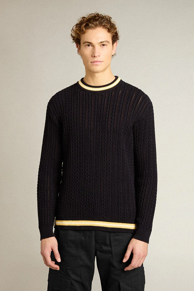 Men | Blue Round-Neck Sweater with Contrasting Ribbing | Dark Blue x White x Yellow - Image 10