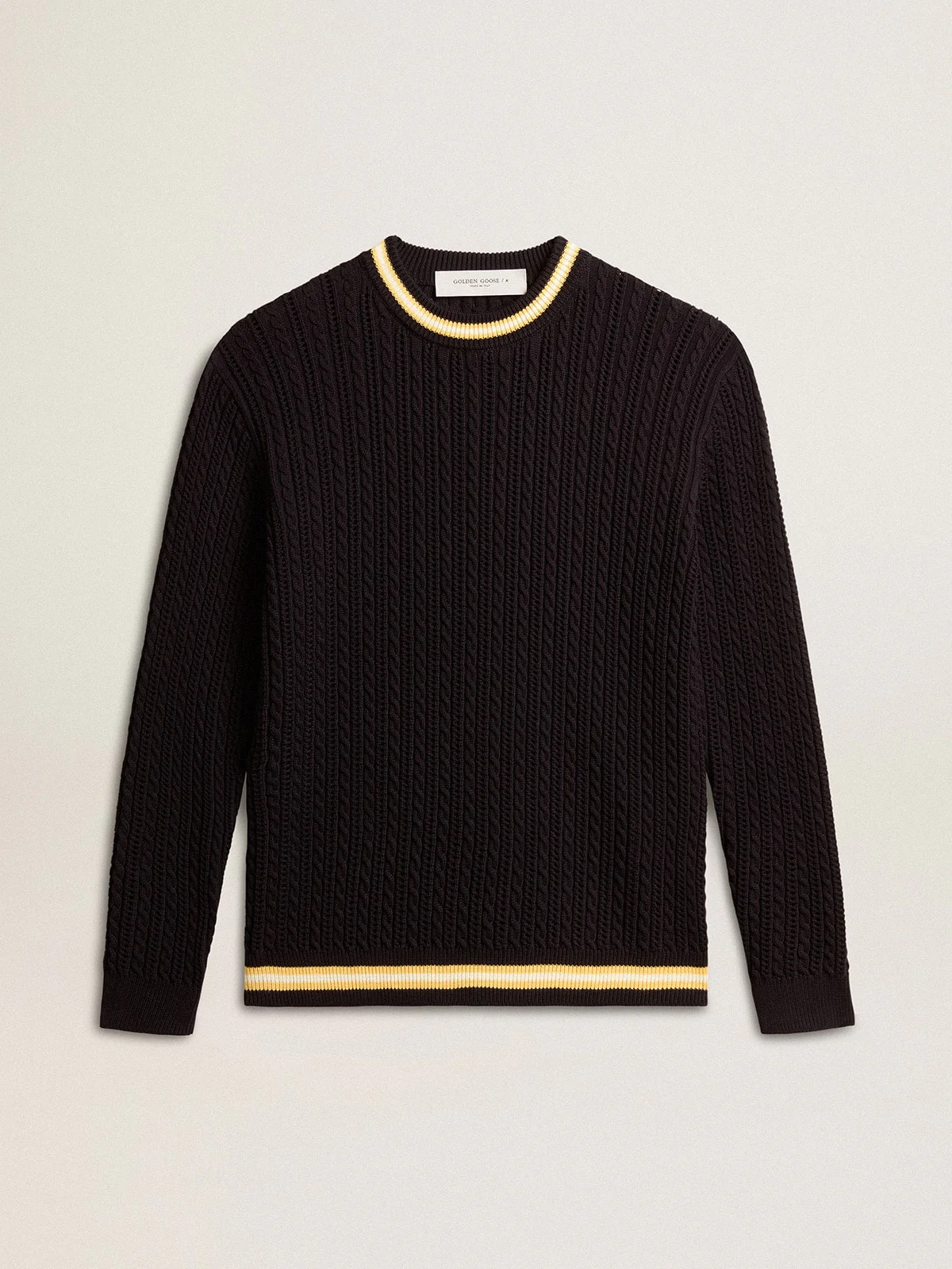 Men | Blue Round-Neck Sweater with Contrasting Ribbing | Dark Blue x White x Yellow - Image 12
