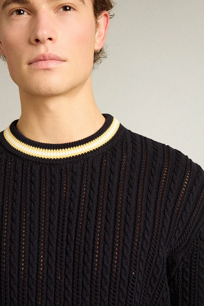 Men | Blue Round-Neck Sweater with Contrasting Ribbing | Dark Blue x White x Yellow - Image 2