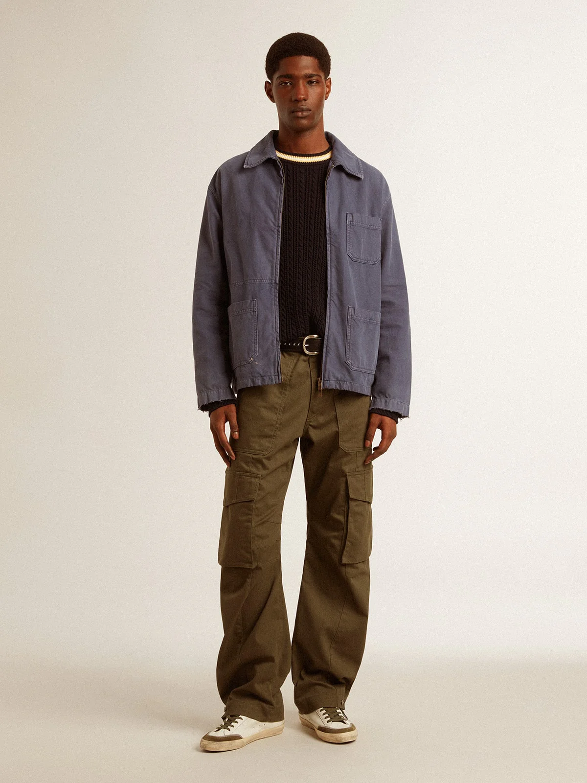 Men | Blue Round-Neck Sweater with Contrasting Ribbing | Dark Blue x White x Yellow - Image 3