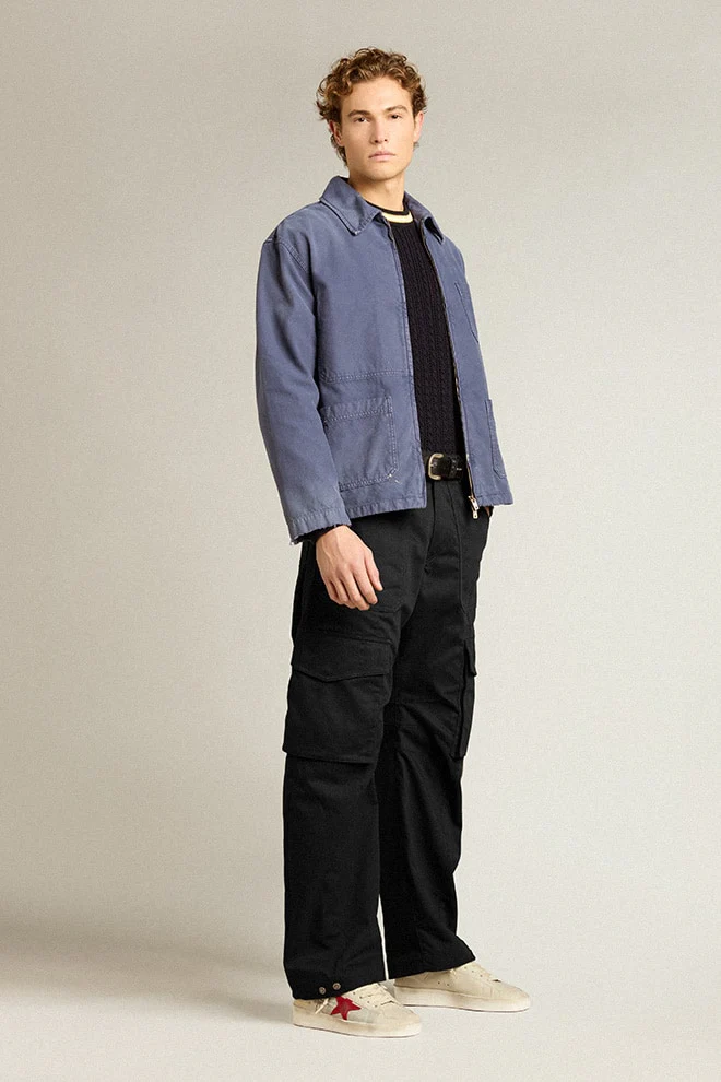 Men | Blue Round-Neck Sweater with Contrasting Ribbing | Dark Blue x White x Yellow - Image 6