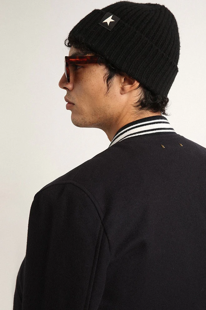 Men | Bomber Jacket Dark Blue Wool with Lettering On The Front | Dark Blue - Image 11