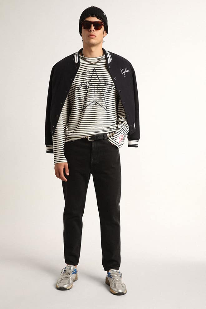 Men | Bomber Jacket Dark Blue Wool with Lettering On The Front | Dark Blue - Image 12