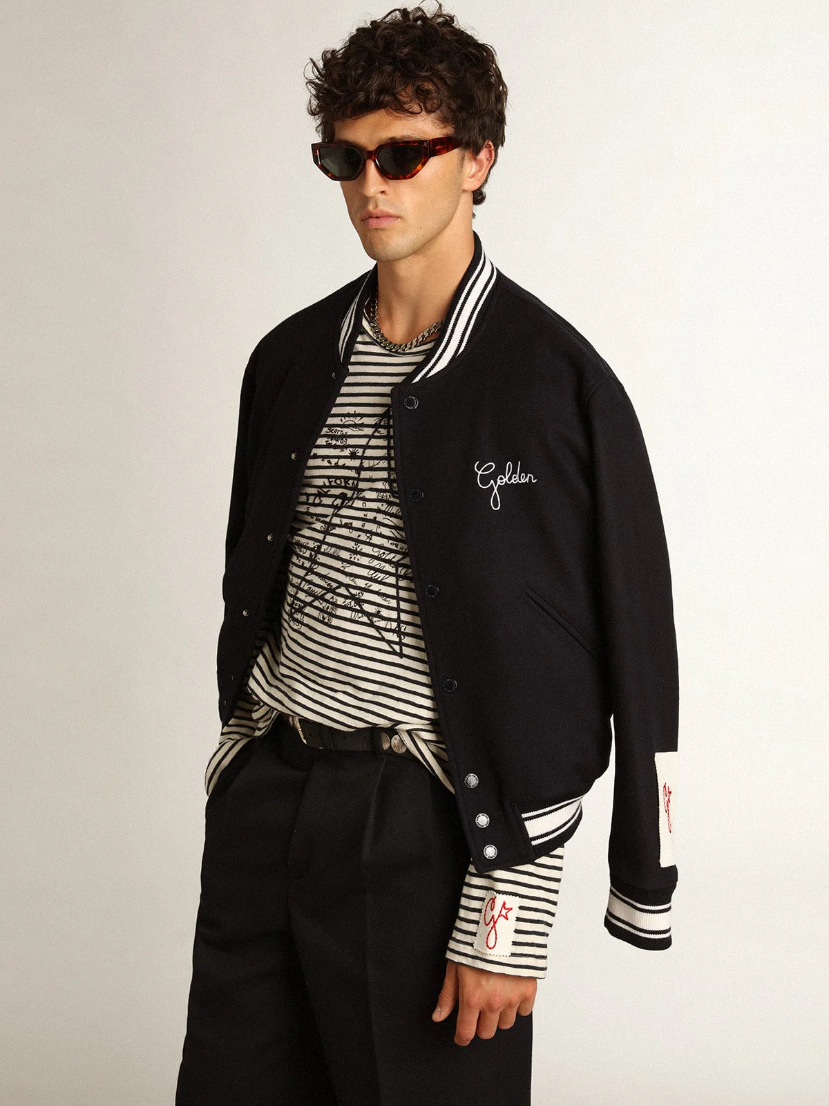 Men | Bomber Jacket Dark Blue Wool with Lettering On The Front | Dark Blue - Image 13