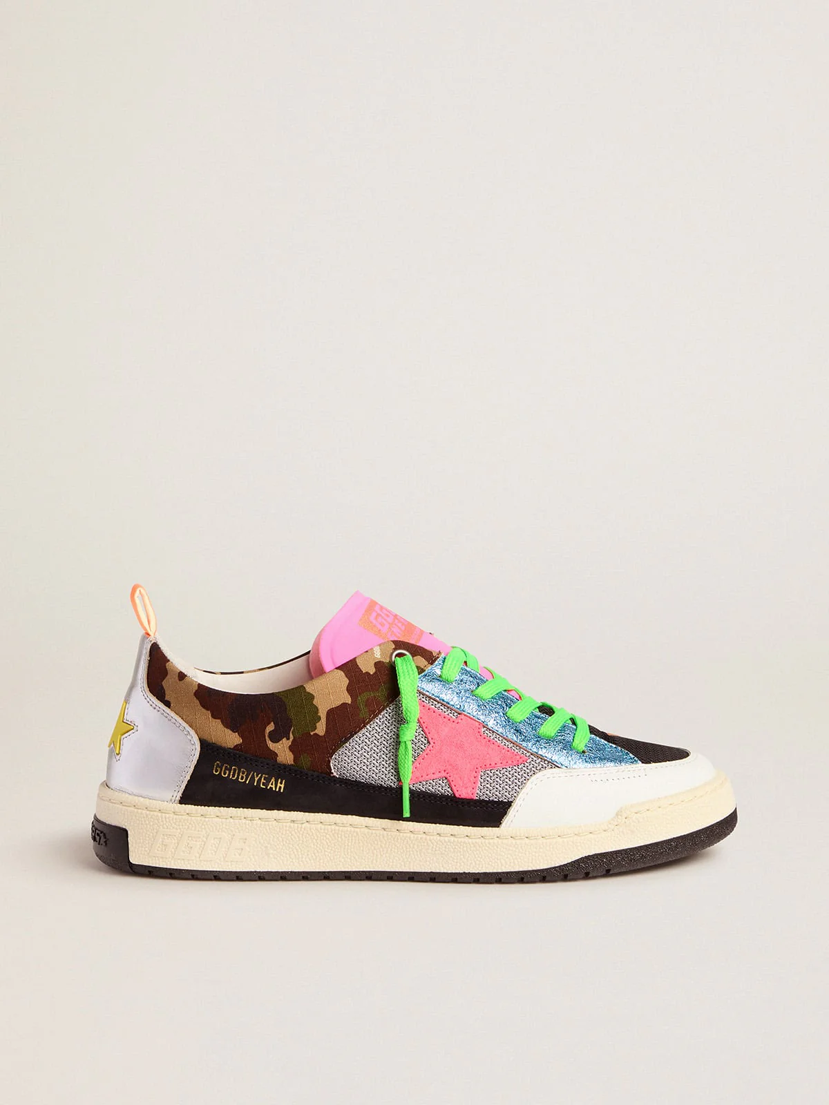 Men | Camouflage Yeah Sneakers with Fuchsia Star | White x Light Grey x Green Camouflage x Fuchsia Fluo - Image 5