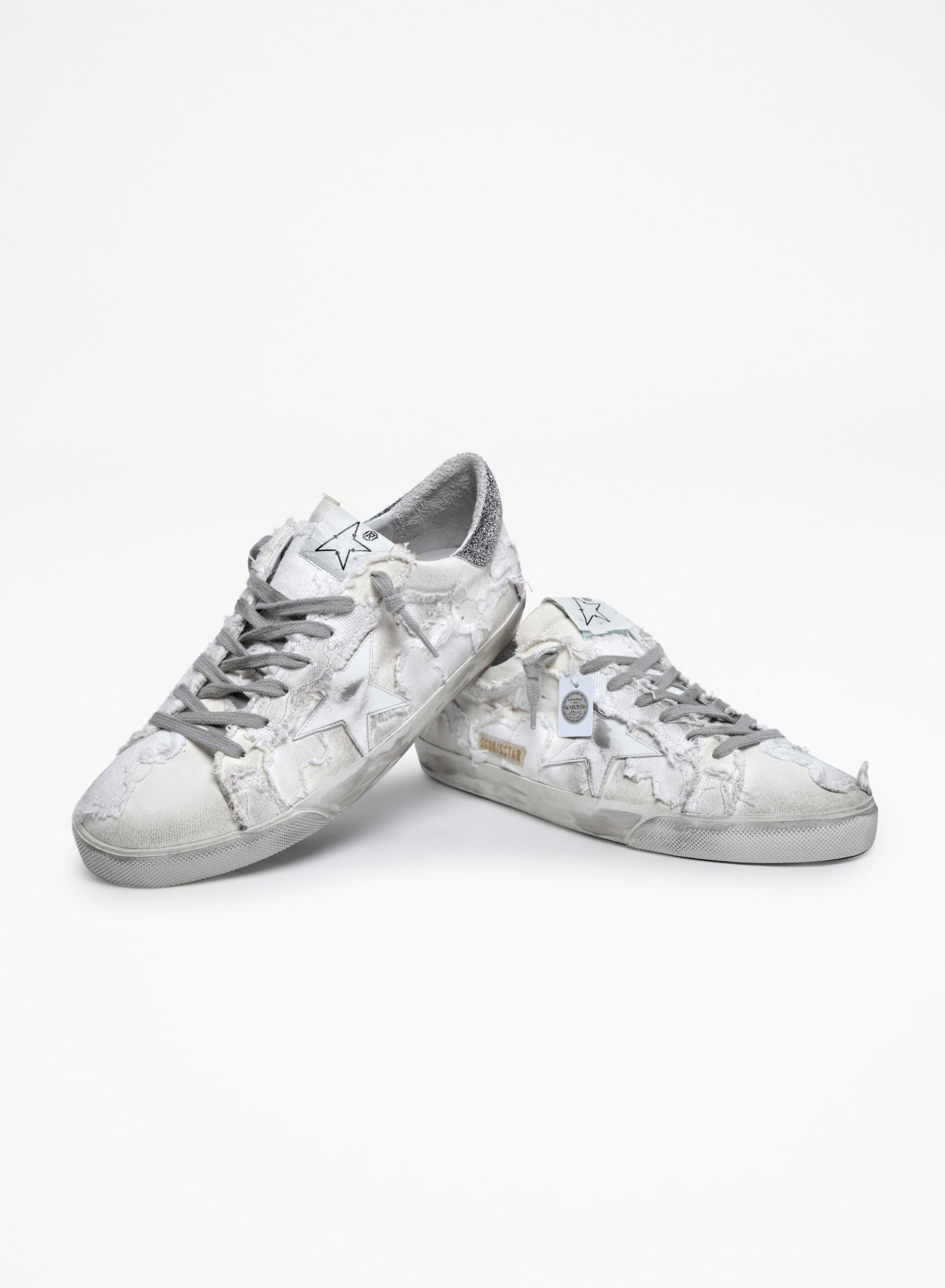 Men | Canvas Super-Star Sneakers with Swarovski Crystal Heel Tab | Milk White Beige x Black Silver - Image 6