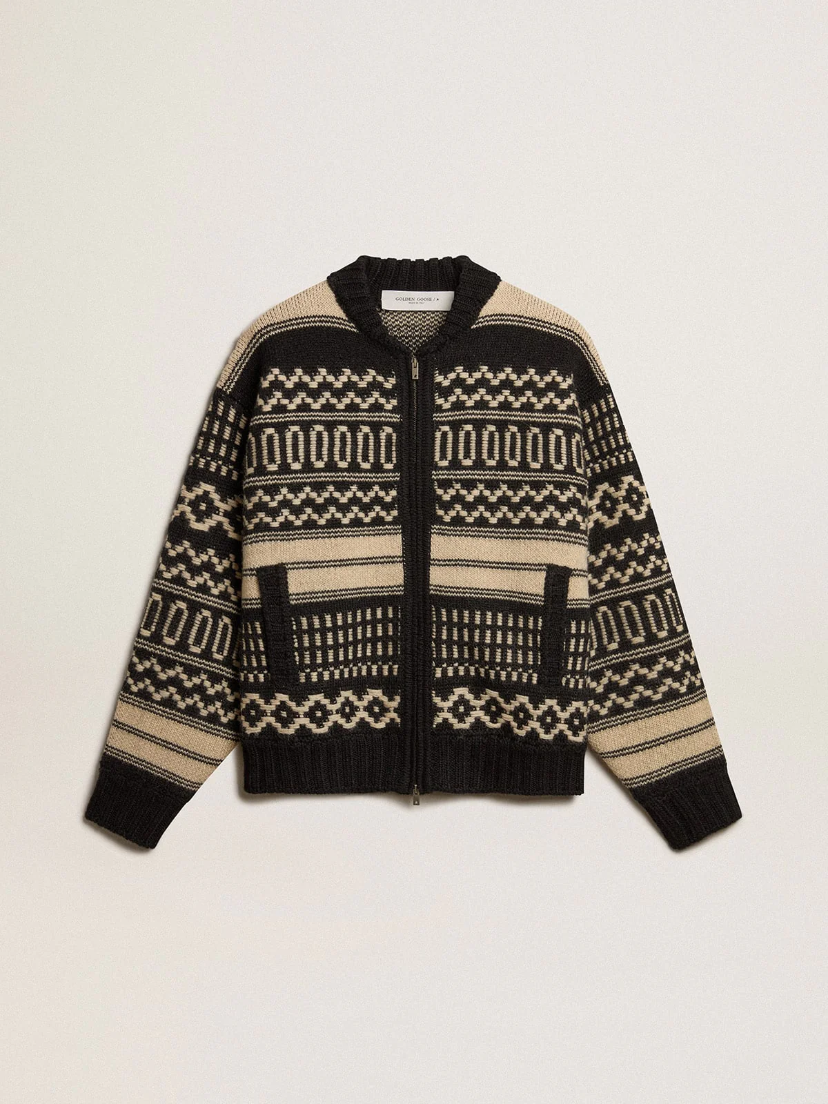Men | Cardigan Ecru Wool with Jacquard Design | Black x Ecru - Image 10