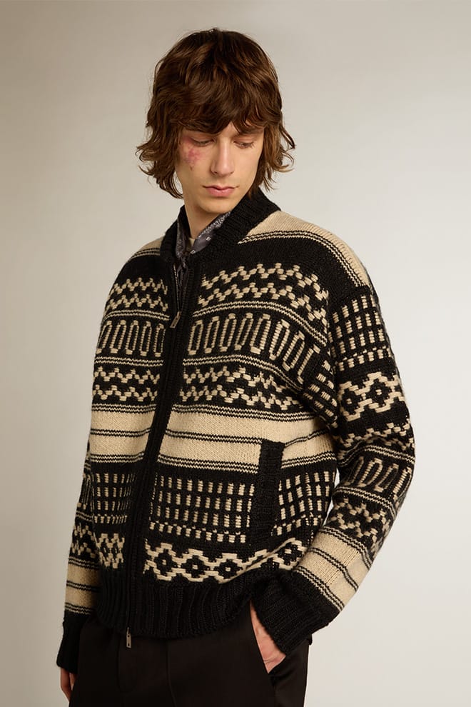 Men | Cardigan Ecru Wool with Jacquard Design | Black x Ecru - Image 4