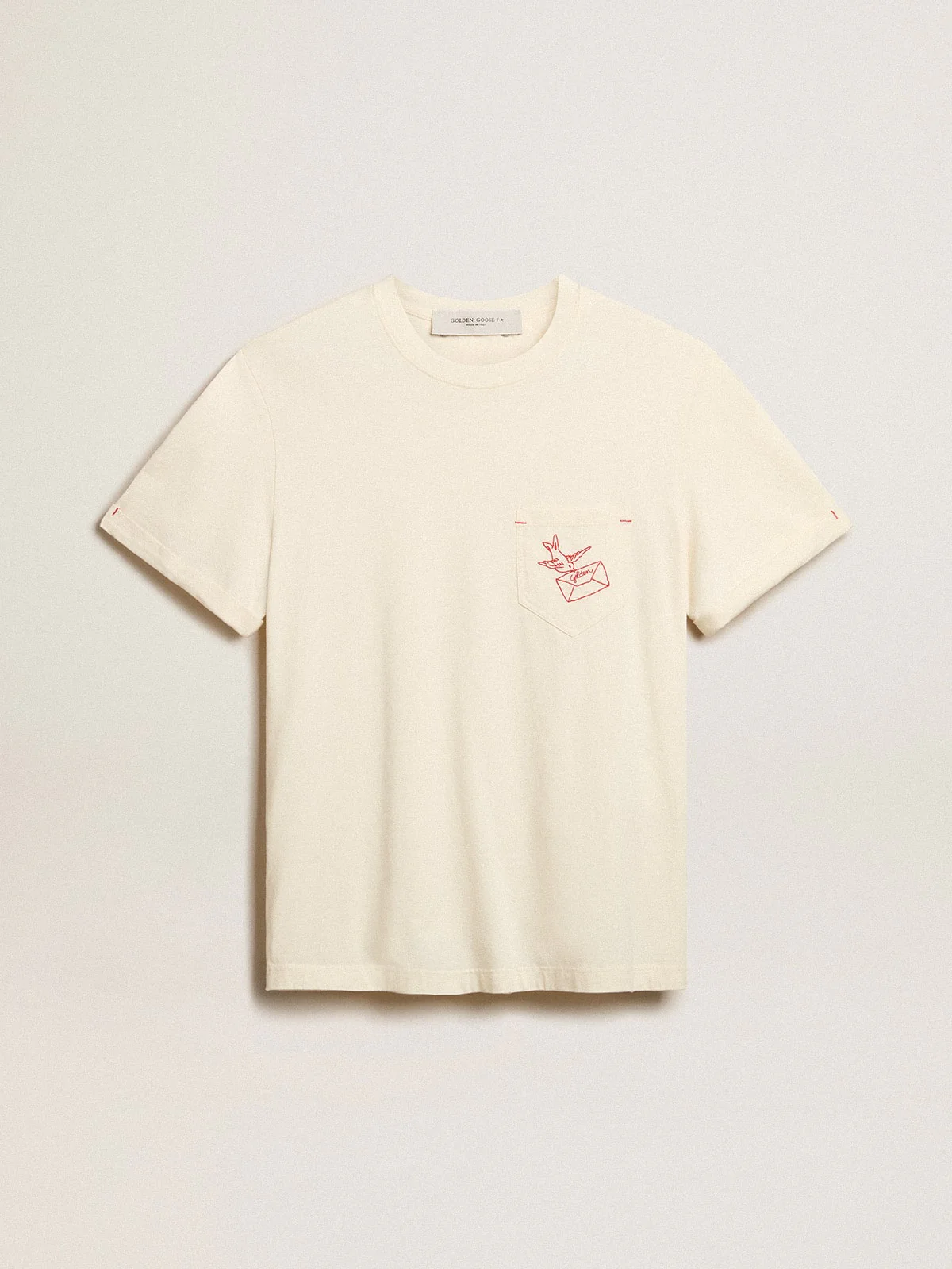 Men | Cotton T-Shirt Aged White with Embroidered Pocket | Heritage White x Dark Red - Image 9