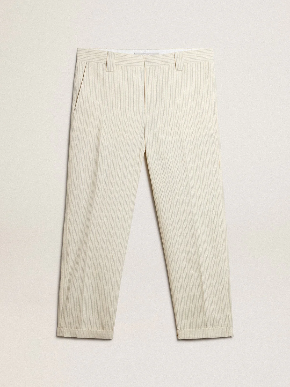 Men | Cream-Colored Pants Striped Cotton | Ecru x Eclipse x Dull Gold - Image 2
