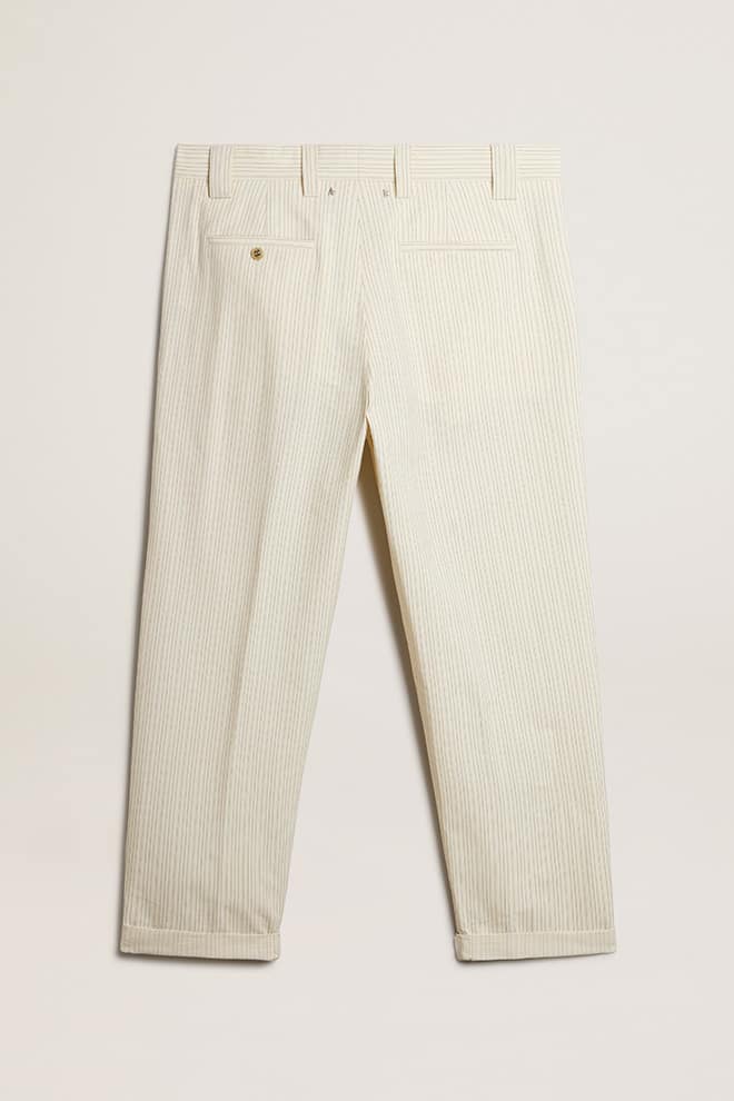 Men | Cream-Colored Pants Striped Cotton | Ecru x Eclipse x Dull Gold - Image 6