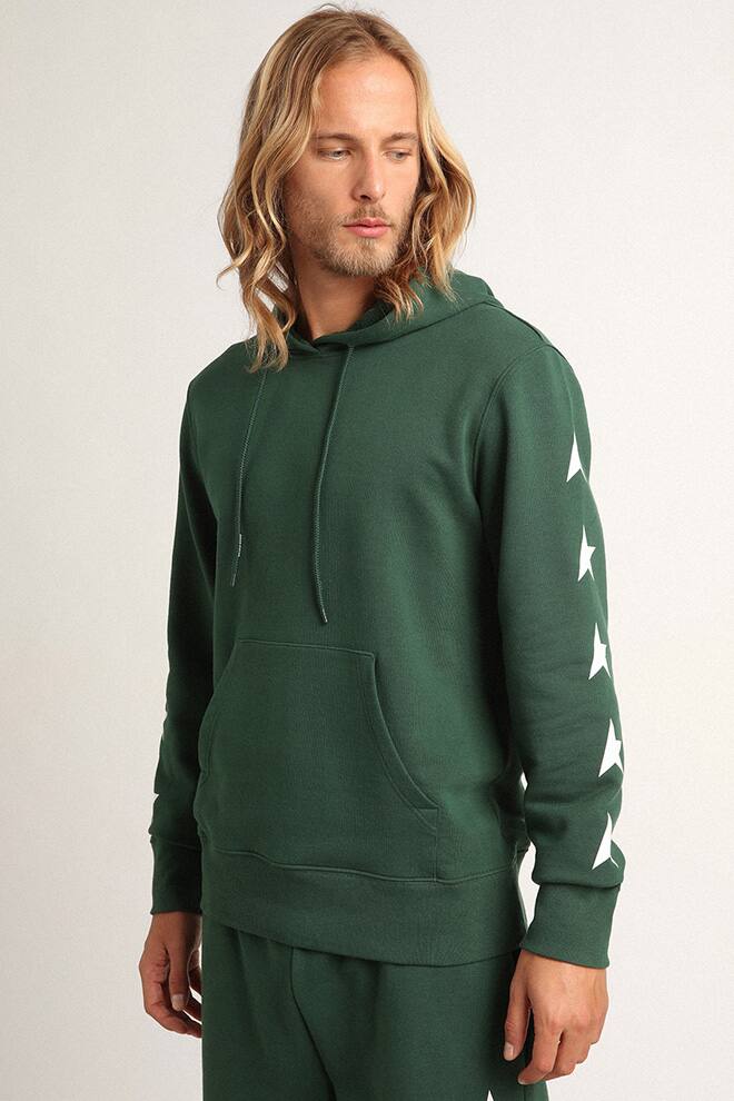 Men | Dark Green Star Collection Hoodie with Large White Star On The Back & White Starts On The Arms | Bright Green x White - Image 5