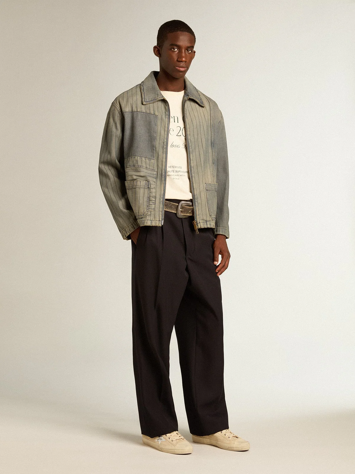 Men | Denim Jacket with Stripes & Patches On The Front | Grey - Image 9