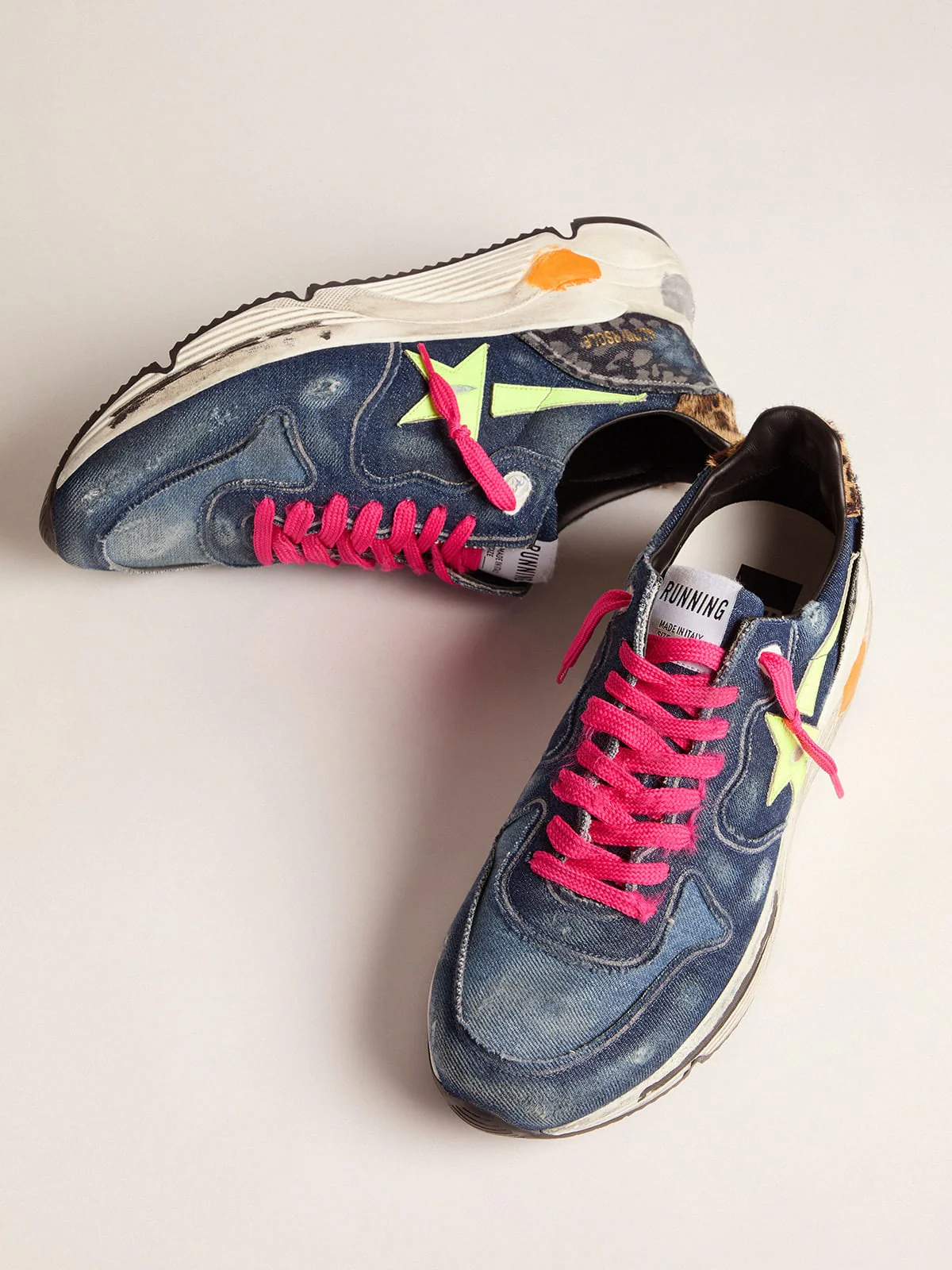 Men | Denim Running Sole Sneakers with A Fluorescent Star & Pony Skin Heel Tab | Dark Blue x Light Blue x Yellow Fluo x Indaco Leo - Image 5