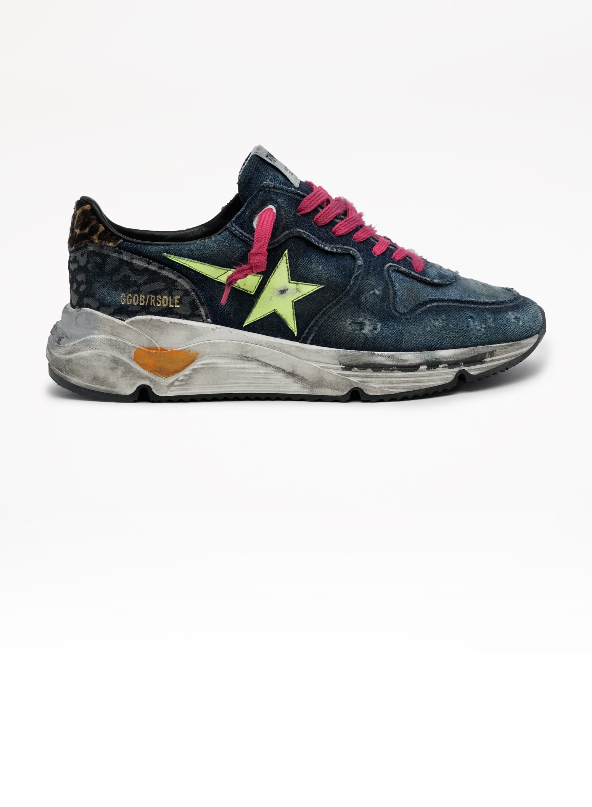 Men | Denim Running Sole Sneakers with A Fluorescent Star & Pony Skin Heel Tab | Dark Blue x Light Blue x Yellow Fluo x Indaco Leo - Image 6