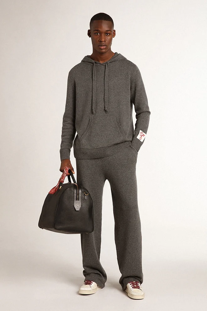 Men | Gray Melange Cashmere Blend Sweatshirt with Hood | Grey Melange - Image 11