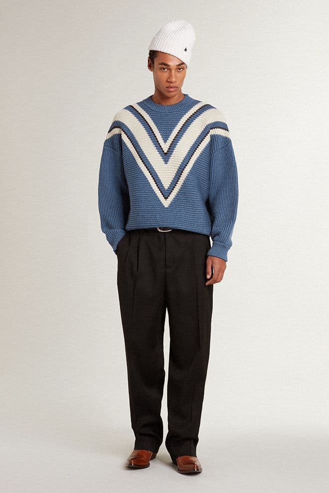 Men | Light Blue Jacquard Wool Sweater with Cream-Colored Pattern | Dutch Blue x Natural White - Image 6