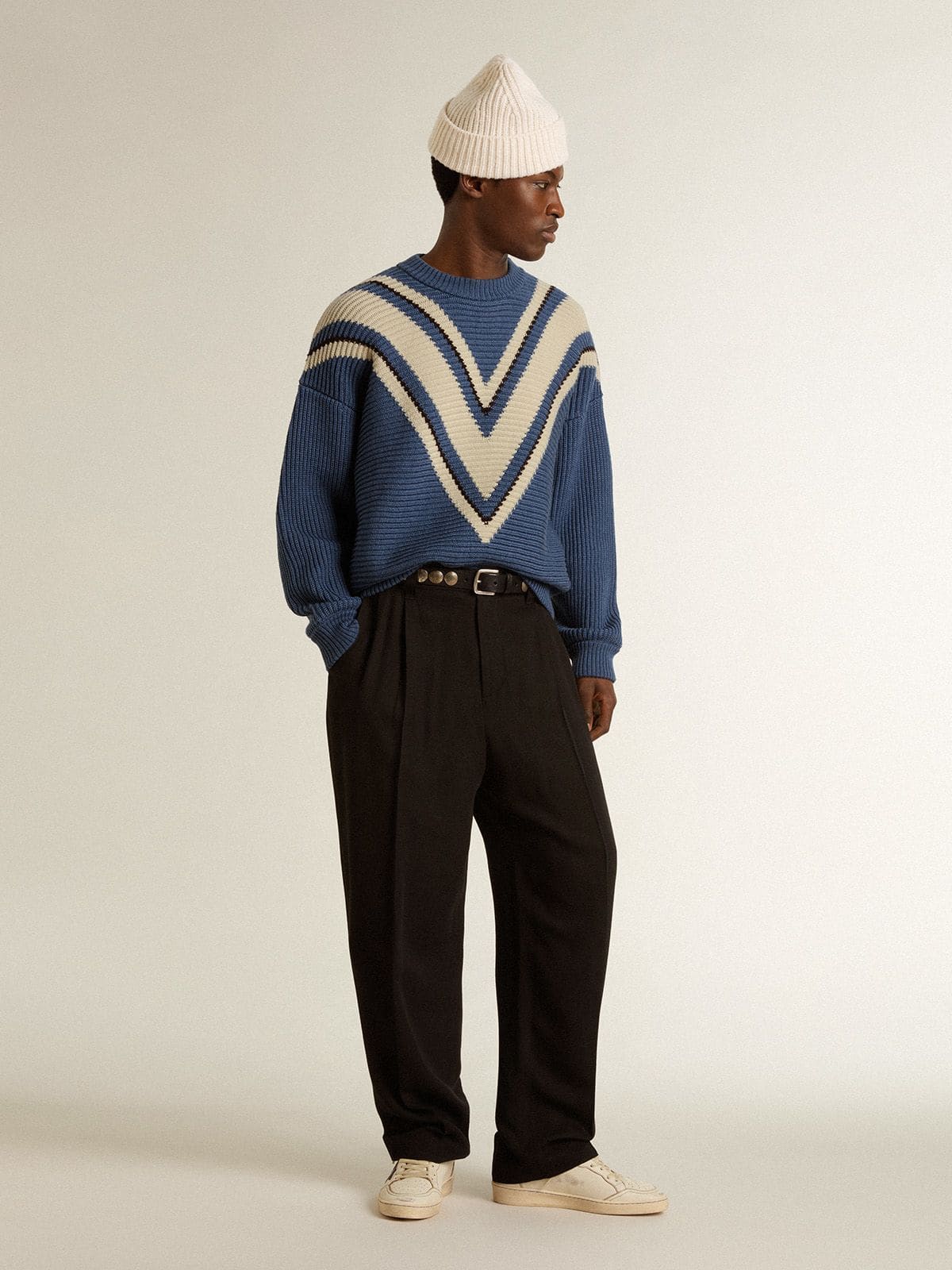 Men | Light Blue Jacquard Wool Sweater with Cream-Colored Pattern | Dutch Blue x Natural White - Image 8