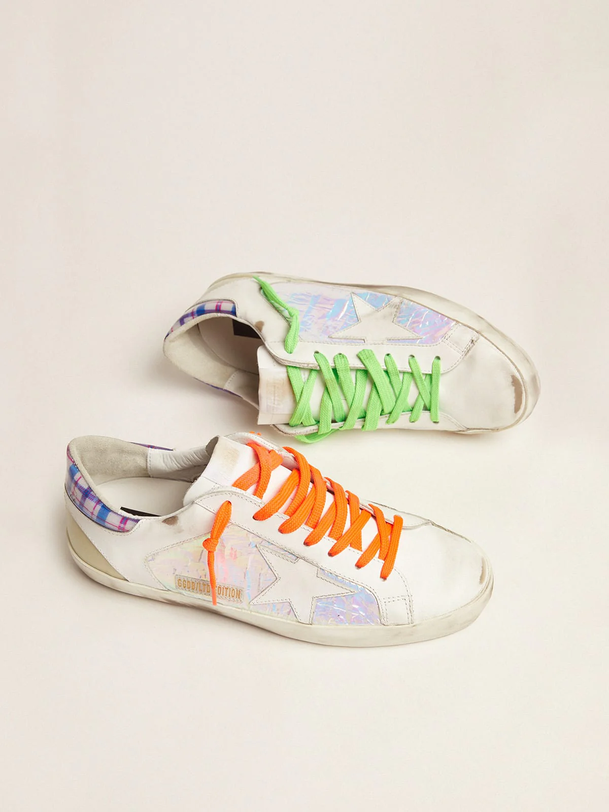 Men | Limited Edition Lab Super-Star Sneakers with Holographic & Tartan Upper | Multicolor x White x White Blue Fuchsia - Image 3