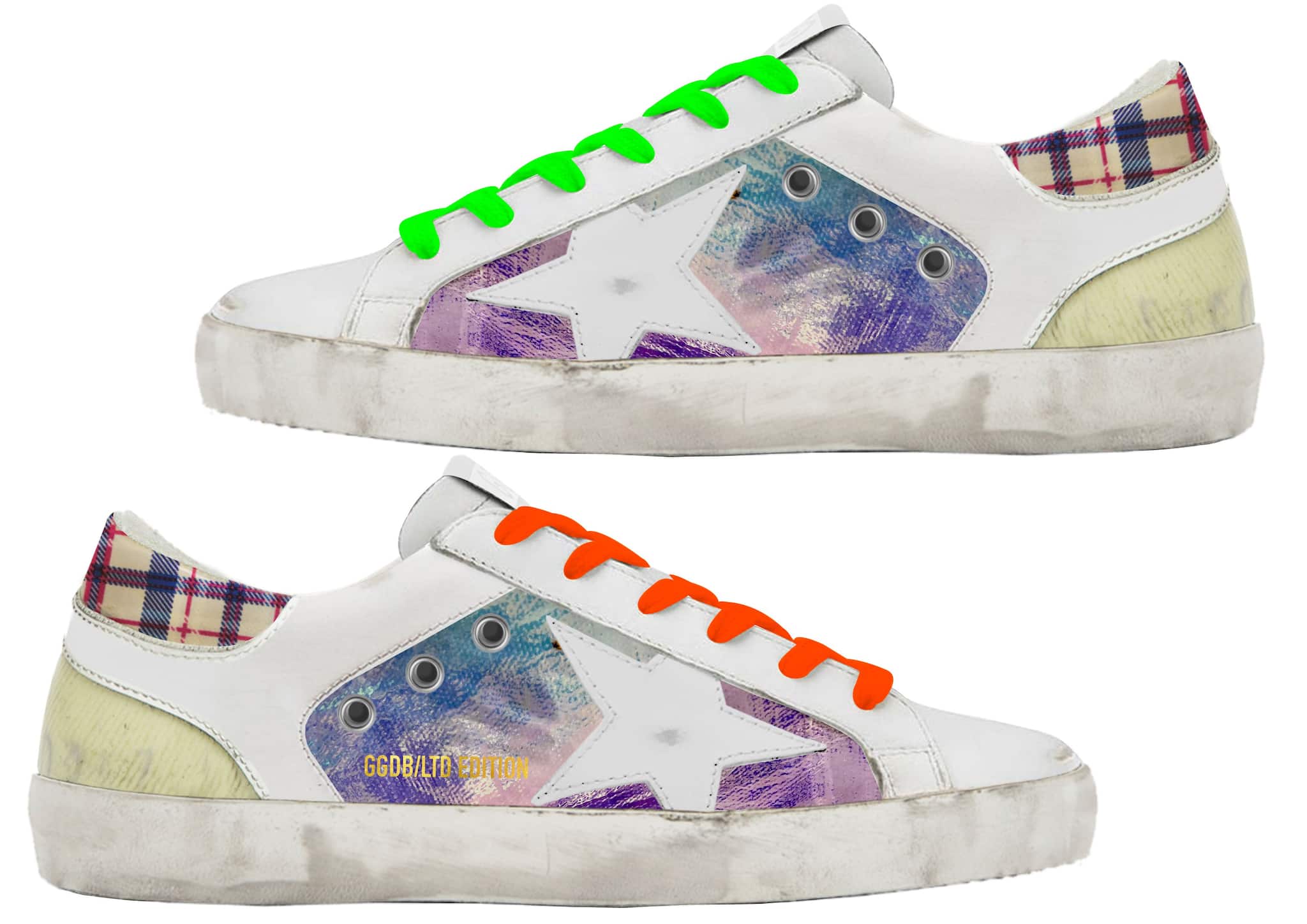 Men | Limited Edition Lab Super-Star Sneakers with Holographic & Tartan Upper | Multicolor x White x White Blue Fuchsia - Image 5