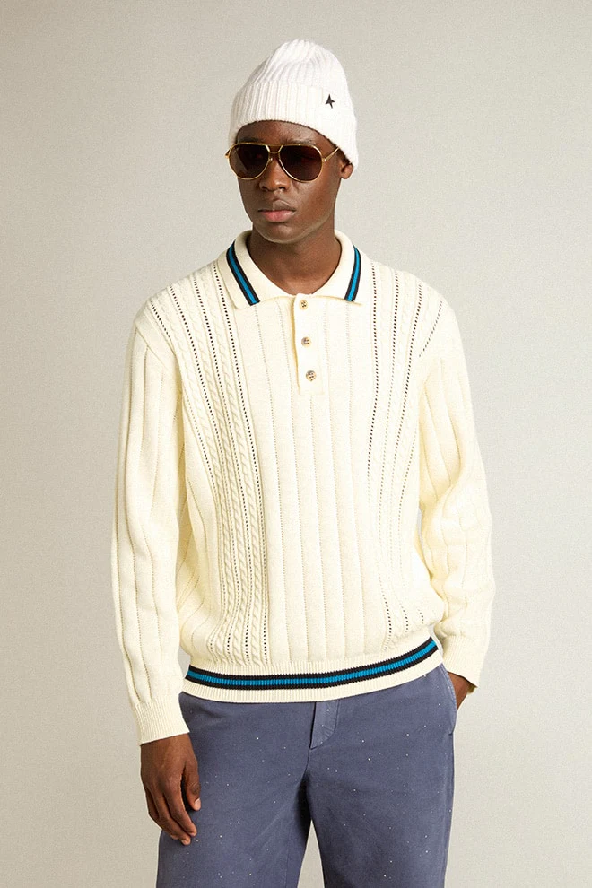 Men | Long-Sleeved Polo Shirt with Perforated Details | Heritage White x Blue - Image 2