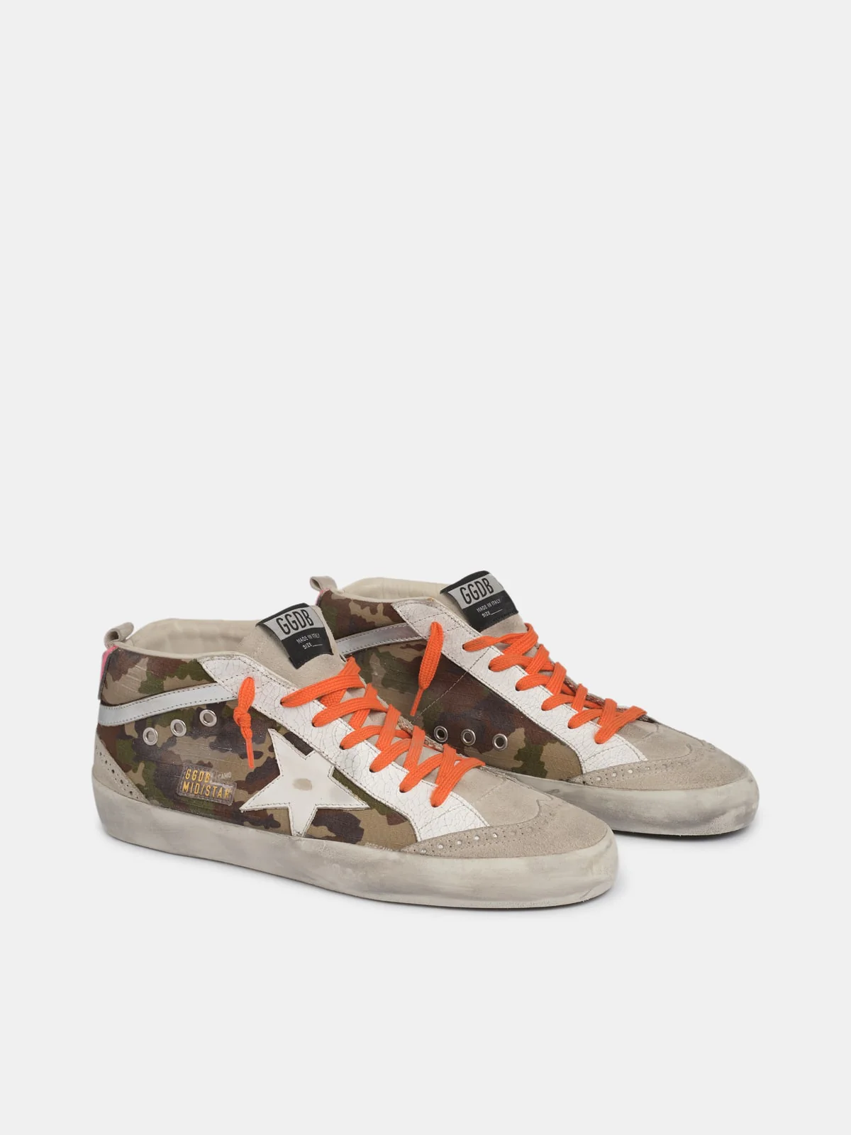 Men | Mid Star Mimetic Print with White Leather Star & Fluorescent Orange Laces | Green Camouflage x Ice x White x Silver - Image 2