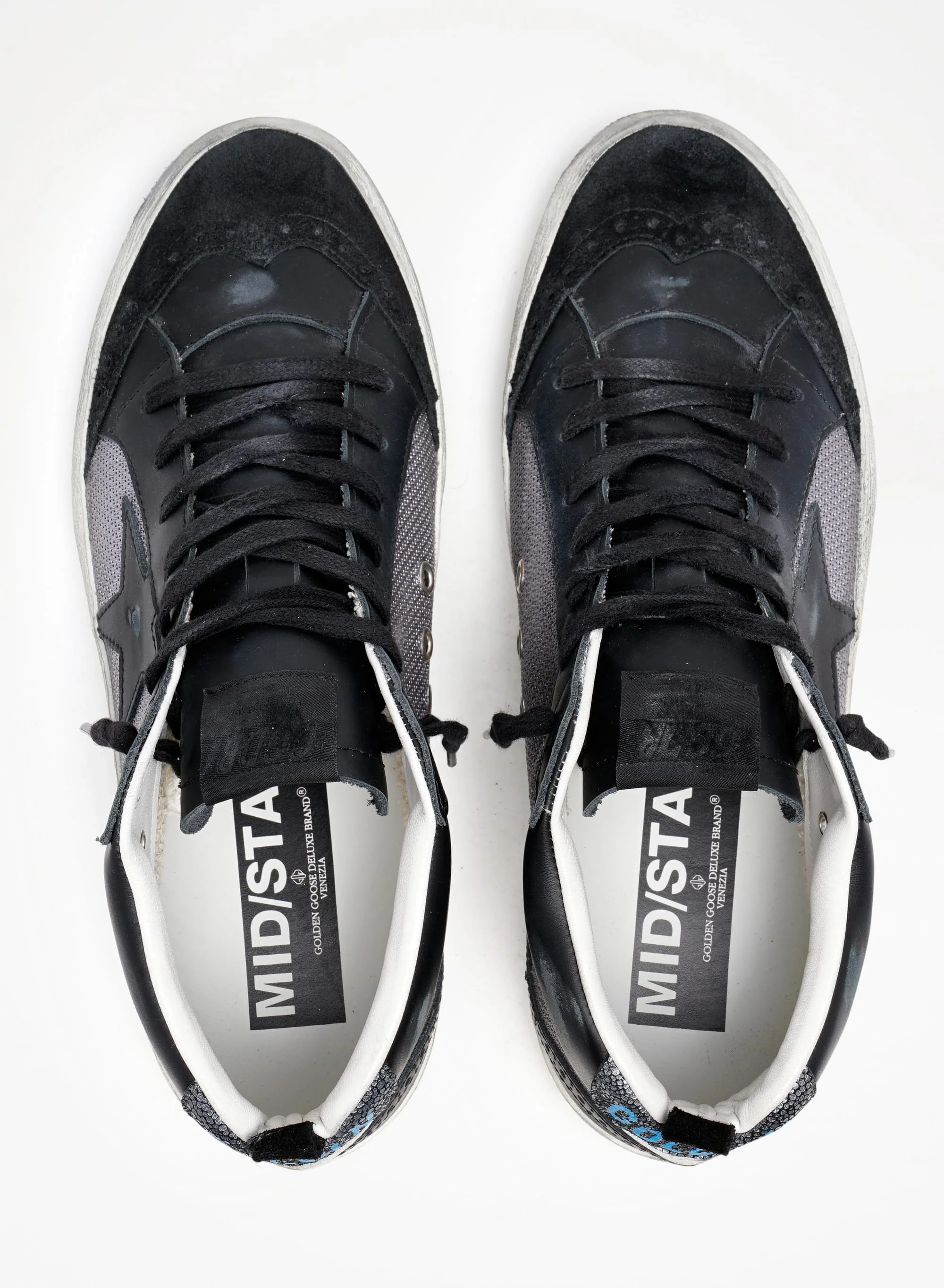 Men | Mid Star Sneakers Black Leather & Silver Mesh | Black x Grey x White - Image 2