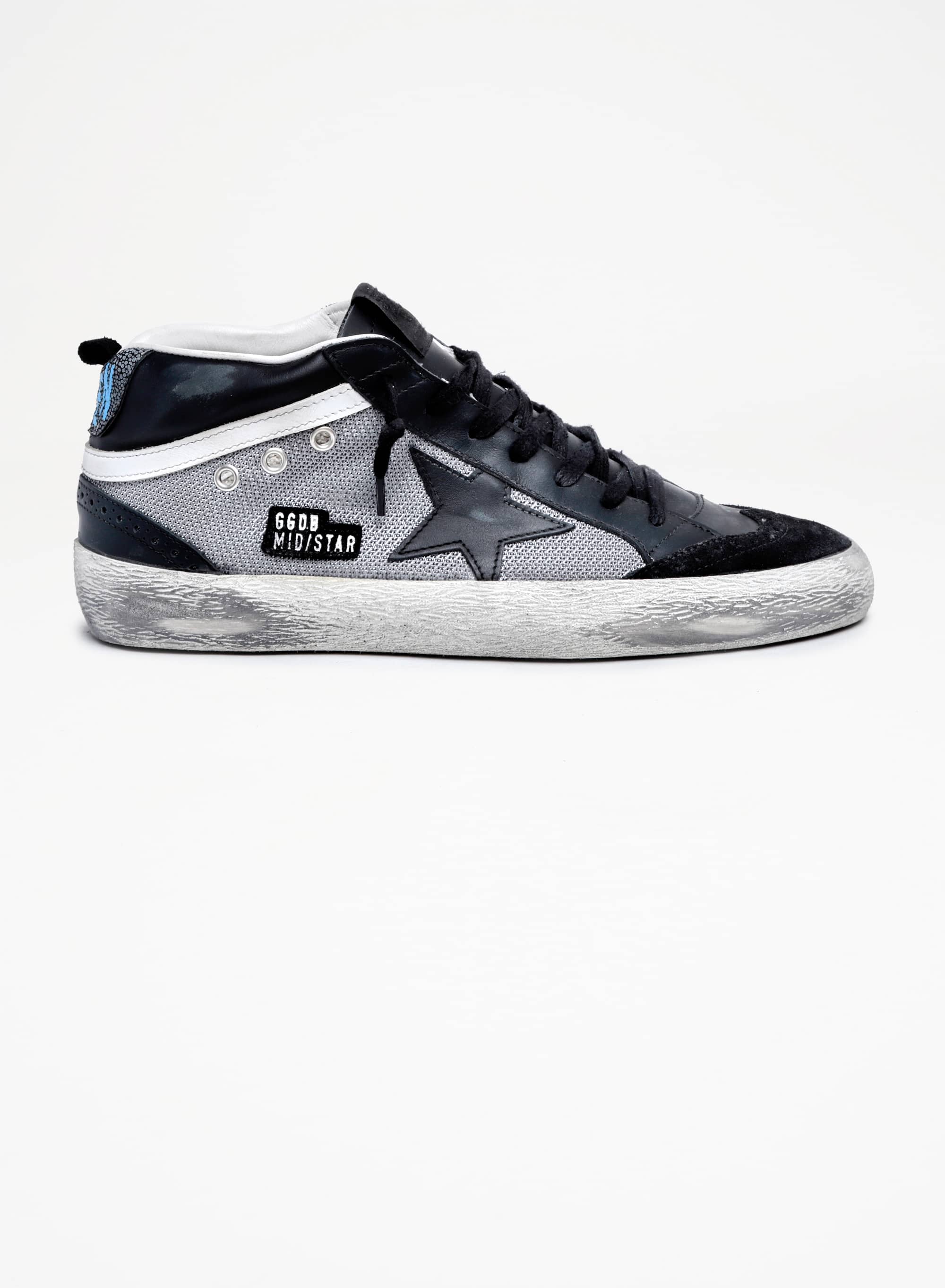 Men | Mid Star Sneakers Black Leather & Silver Mesh | Black x Grey x White - Image 3