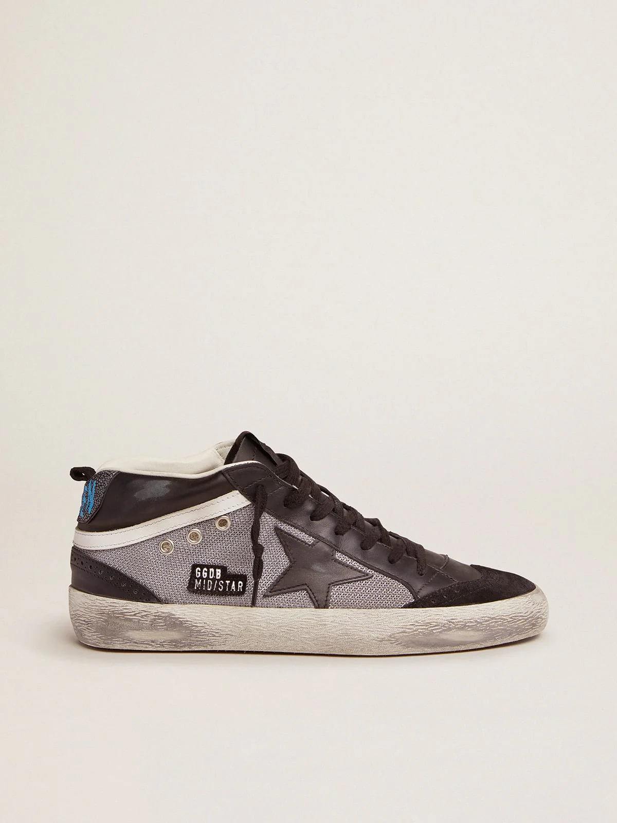 Men | Mid Star Sneakers Black Leather & Silver Mesh | Black x Grey x White - Image 8