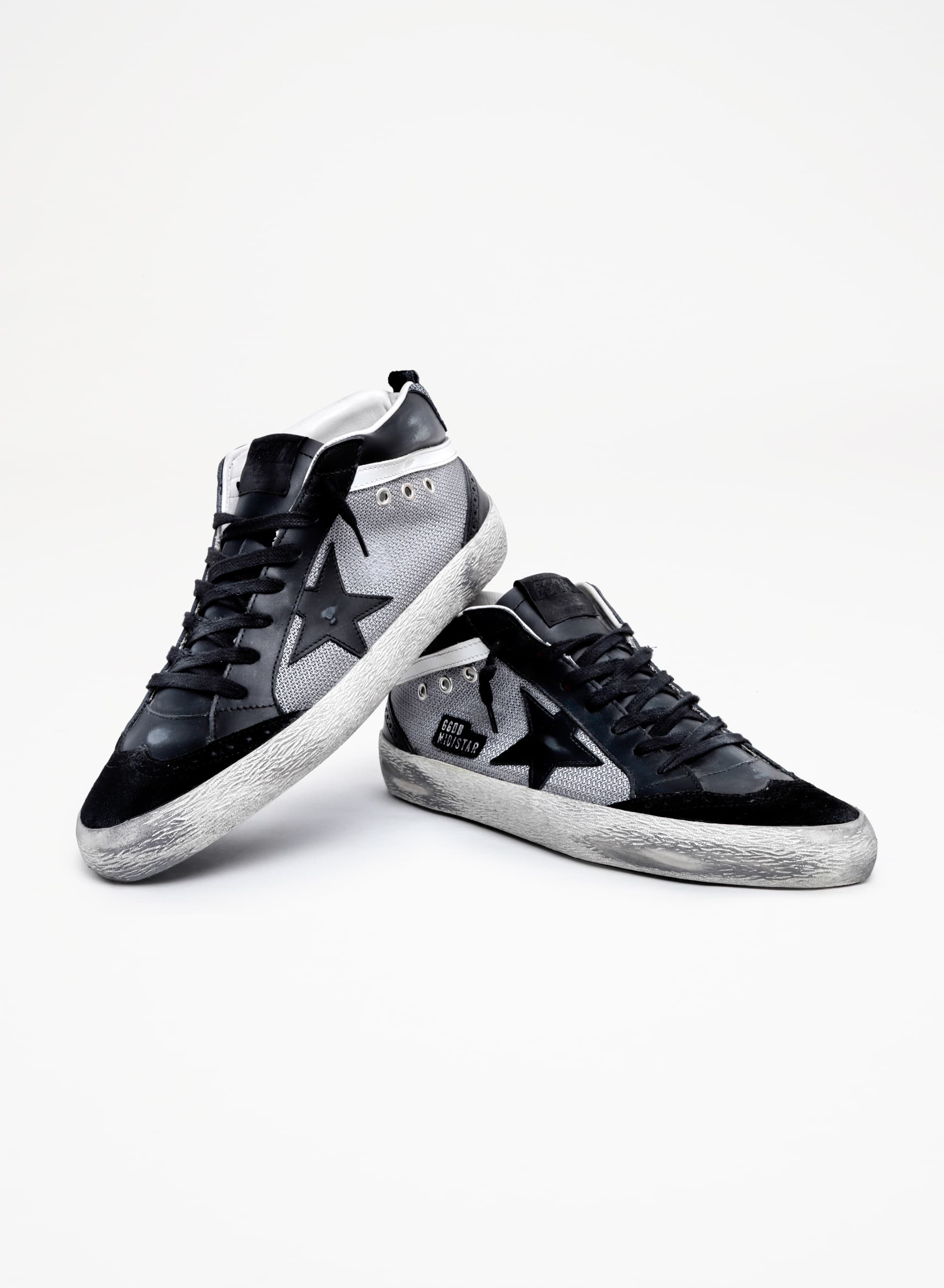 Men | Mid Star Sneakers Black Leather & Silver Mesh | Black x Grey x White - Image 9