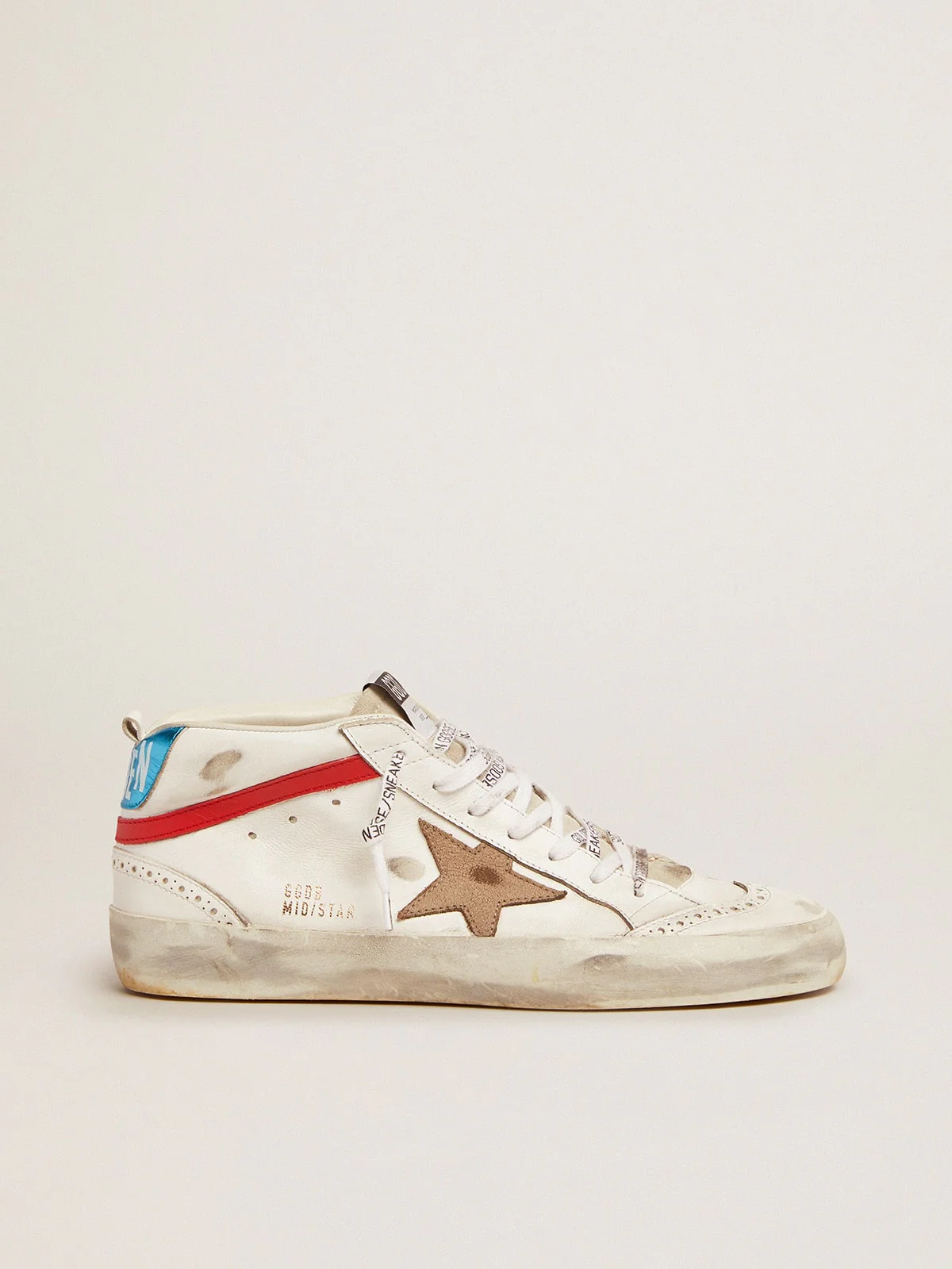 Men | Mid Star Sneakers with Metallic Light Blue Heel Tab & Crackled Khaki Star | White x Kaki x Red x Blue - Image 8