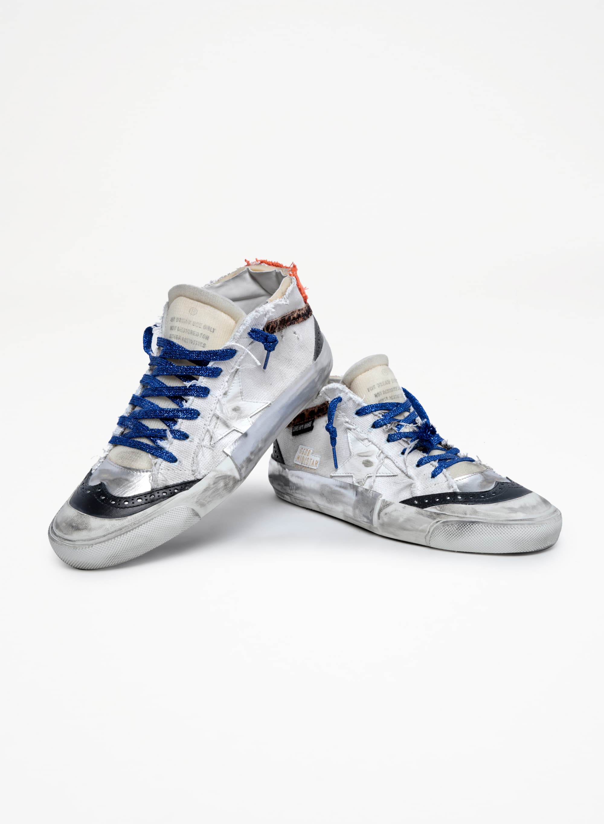Men | Mid Star Sneakers with White Canvas Upper & Multi-Foxing | White x Silver x Beige Brown Black Leo - Image 2